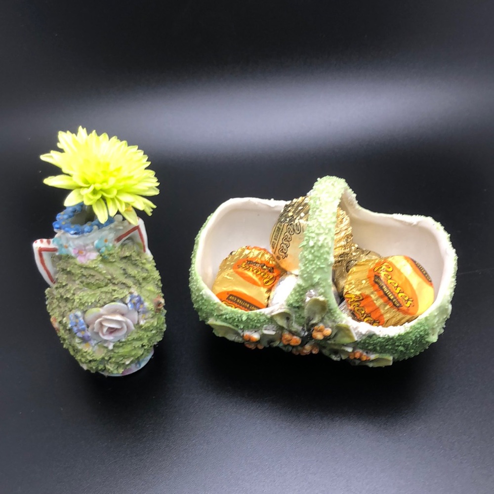 Two Elfinware & Mossesre Germany Small Miniature Double Handled Vase & Basket